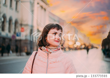 Vilnius, Lithuania. Young Beautiful Pretty Caucasian Girl Woman Dressed In Jacket Enjoying Life On Street Of Vilnius In Lithunia 133773593