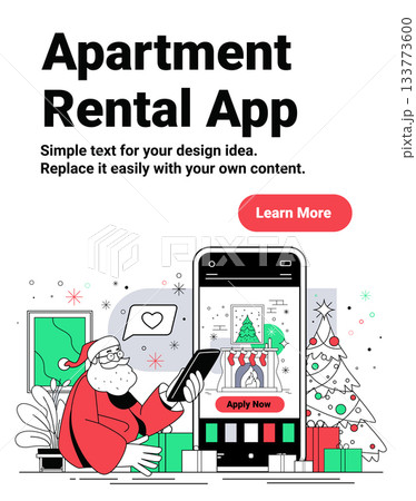 Santa Christmas apartment rental app concept digital scene with Santa using smartphone Christmas tree gifts fireplace festive decorations mobile interface 133773600