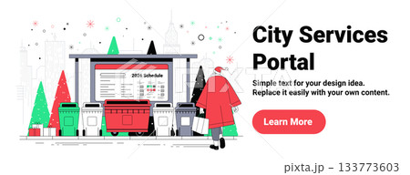 Santa city services portal Christmas New Year 2026 urban scene Santa at recycling bins festive trees skyline gifts website banner 133773603