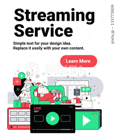 Santa streaming Christmas movies New Year 2026 celebration festive living room sofa popcorn gifts Christmas tree digital devices online entertainment 133773609