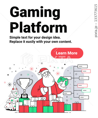 Santa Christmas gaming platform festive scene with trophy gifts controller decorated tree tournament bracket colorful minimal website banner 133773615