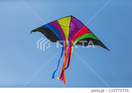 Colorful kite soaring in a clear blue sky on a sunny day Colorful kite soaring in a clear blue sky on a sunny day 133773754
