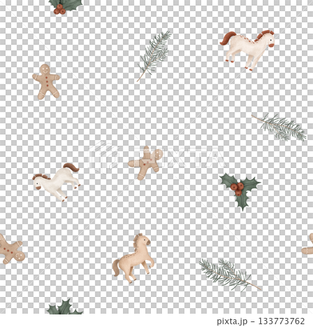 Christmas seamless pattern with symbol new year 2026, horses, pine branches, for tree. Repeat ornament with illustration holly and red berries and sweet cookie gingerbread man. Christmas seamless pattern with symbol new year 2026, horses, pine branches, for tree. Repeat ornament with illustration holly and red berries and sweet cookie gingerbread man. 133773762