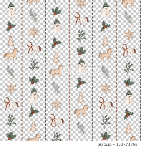 Christmas seamless pattern with horses, pine branches, for tree, bow. Repeat ornament with illustration holly and red berries and sweet cookie gingerbread and snowman on vertical stripes background 133773768