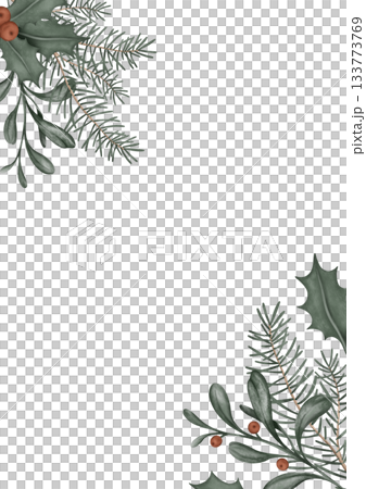 Vertical frame with hand drawn illustration of green branch of fir tree and holly with red berry. Postcard for New year or Christmas design in muted tones 133773769