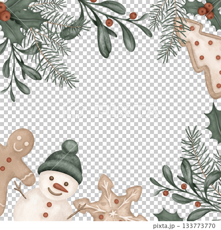 Square frame watercolor illustration with pine branches, for tree, bow. Postcard for holly and red berries and sweet cookie gingerbread. Hand drawn new year illustration snowman. Square frame watercolor illustration with pine branches, for tree, bow. Postcard for holly and red berries and sweet cookie gingerbread. Hand drawn new year illustration snowman. 133773770
