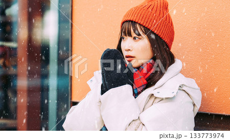 雪の降る冬の街角に立つ女性 雪の降る冬の街角に立つ女性 133773974