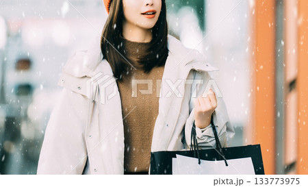 雪が降る冬の街でショッピングをする女性 133773975