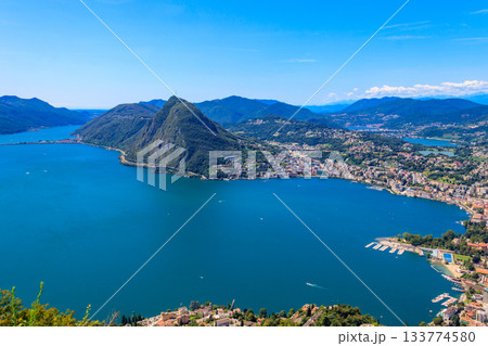 Scenic view of lake Lugano from Monte Bre mountain in Ticino canton, Switzerland 133774580
