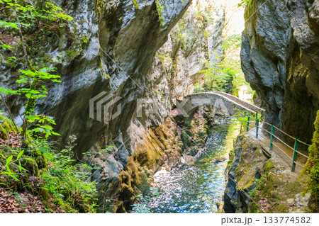 Old small stone bridge over river at Gorges de l'Areuse, Switzerland 133774582