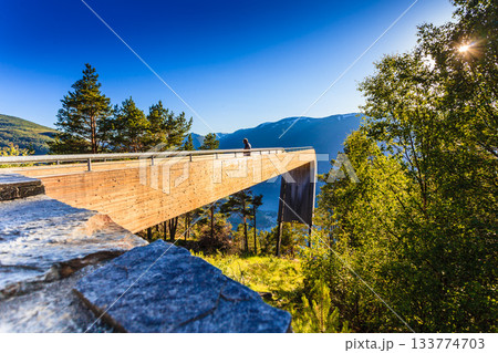 Tourist enjoying fjord view on Stegastein viewpoint Norway Tourist enjoying fjord view on Stegastein viewpoint Norway 133774703