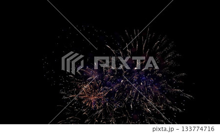 vivid fireworks display, night sky lit by vibrant explosions, colored pyrotechnics illuminate dark night with brilliance, spectacular firework bursts paint night with array of lively colors and sparks 133774716