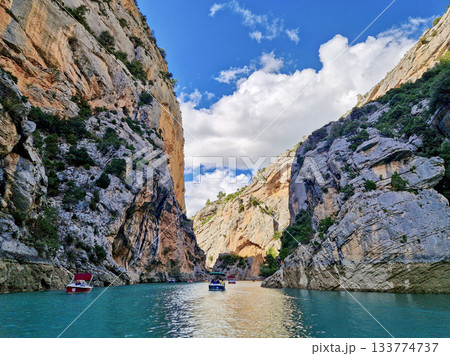 Verdon Gorge, France - Sep 22, 2025: Boat trip on turquoise water of mountain canyon, Verdon Gorge in Provence France 133774737
