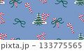Seamless vector pattern with candy canes, ribbon bows and winter fir trees on a blue background. Flat style decorative design for wrapping paper, textile prints, packaging, gift labels and seasonal 133775565