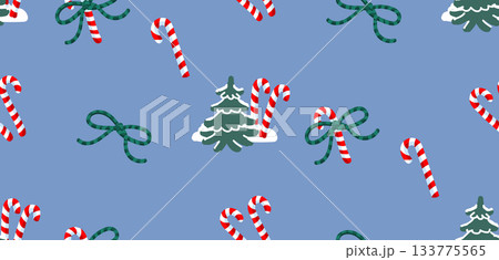 Seamless vector pattern with candy canes, ribbon bows and winter fir trees on a blue background. Flat style decorative design for wrapping paper, textile prints, packaging, gift labels and seasonal Seamless vector pattern with candy canes, ribbon bows and winter fir trees on a blue background. Flat style decorative design for wrapping paper, textile prints, packaging, gift labels and seasonal 133775565