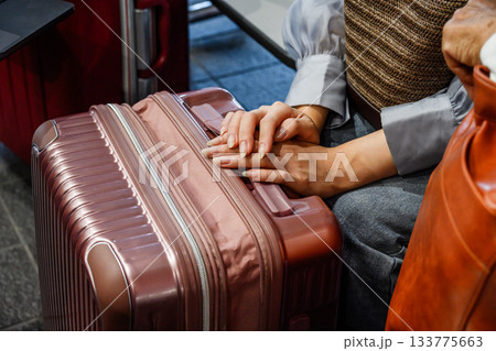 スーツケースに手を置く旅行者のクローズアップ スーツケースに手を置く旅行者のクローズアップ 133775663