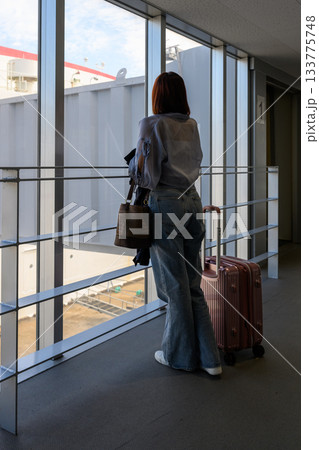 乗船ブリッジの若い女性とスーツケース 乗船ブリッジの若い女性とスーツケース 133775748