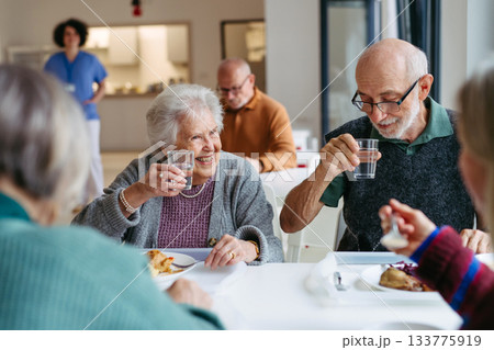 Group of seniors having lunch in community center cafeteria. Group of seniors having lunch in community center cafeteria. 133775919