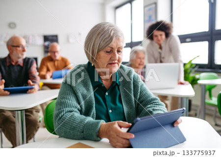 Elderly woman learning digital skills with tutor help. Elderly woman learning digital skills with tutor help. 133775937