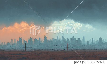 City skyline with dramatic clouds and barbed wire fence at dusk 133775974
