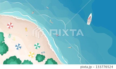 Cartoon Color Beach Background with People Top View Coast Landscape Scene Concept Flat Design Style. Vector illustration Cartoon Color Beach Background with People Top View Coast Landscape Scene Concept Flat Design Style. Vector illustration 133776524