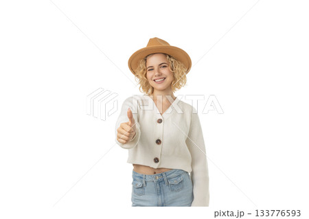 Girl gives a thumbs up in winter joy, isolated, PNG 133776593