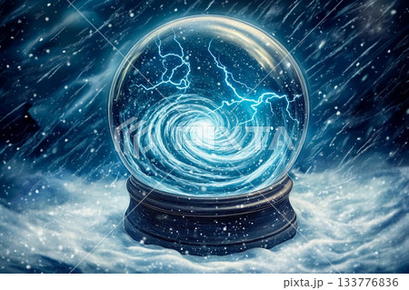 Swirling storm inside a snow globe with lightning illuminating the interior Swirling storm inside a snow globe with lightning illuminating the interior 133776836
