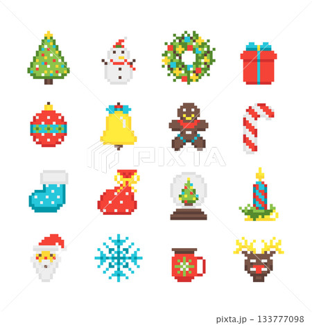 Cartoon Color Pixelated 8 Bit Christmas Elements Set of Tree, Gingerbread Man, Snowman and Snowflake. Vector illustration of Pixel Art Cartoon Color Pixelated 8 Bit Christmas Elements Set of Tree, Gingerbread Man, Snowman and Snowflake. Vector illustration of Pixel Art 133777098