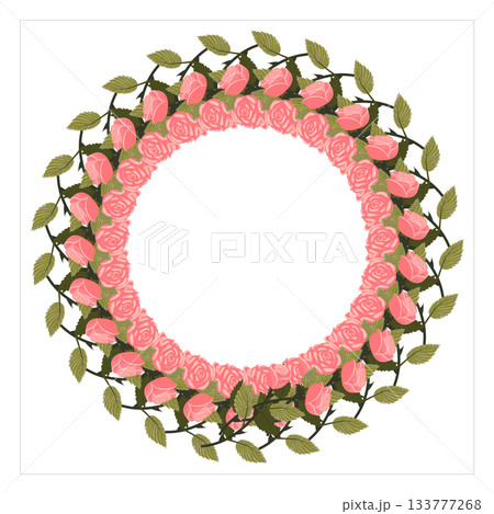 A frame decorated with a circle of light pink flowers on a stem. 133777268