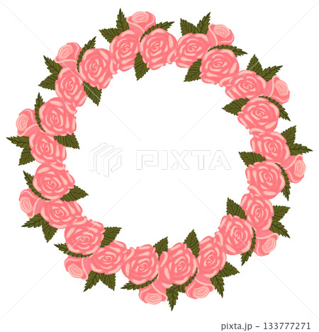 A frame decorated with a circle of light pink flowers on a stem. 133777271