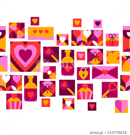 Happy Valentine Day seamless border. Holiday background with romantic items and love symbols. Happy Valentine Day seamless border. Holiday background with romantic items and love symbols. 133778038