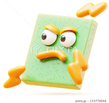 Cute square 3d character with angry face, to throw thunder and lightning on background. Evil geometric shape mascot with accumulated rage and discontent. Isolated cartoon emoji icon. 3D illustration 133778048