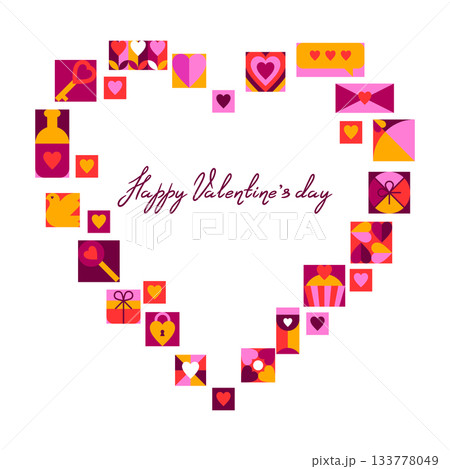 Happy Valentine Day greeting card. Holiday background with romantic items and love symbols. Happy Valentine Day greeting card. Holiday background with romantic items and love symbols. 133778049