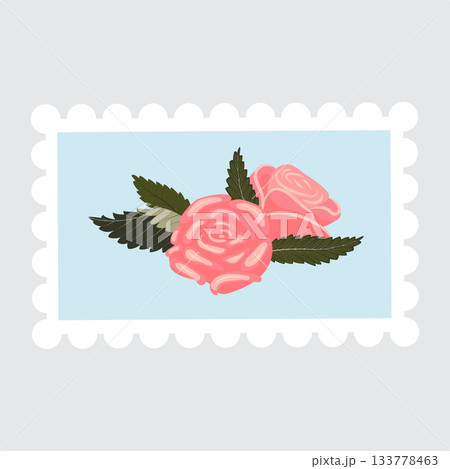 Postage stamp with an image of a composition of pink roses. 133778463