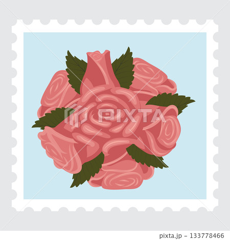 Postage stamp with an image of a composition of pink roses. 133778466