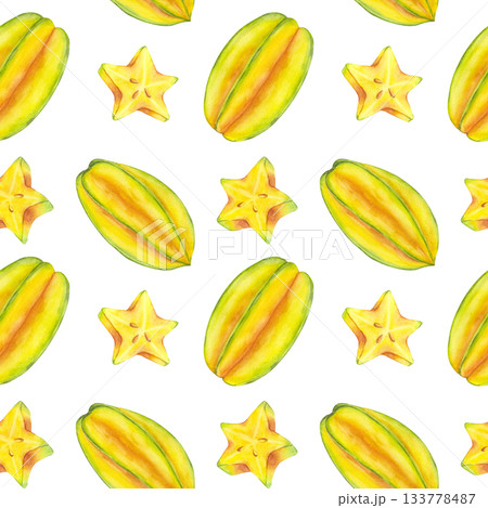 Seamless Pattern with Starfruit whole and slice yellow tropical fruit. Averrhoa carambola or Bilimbi. Botanical exotic star apple. Hand drawn watercolor illustration isolated on white background 133778487