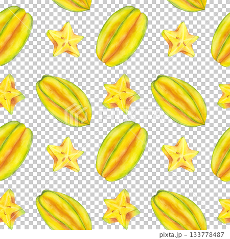 Seamless Pattern with Starfruit whole and slice yellow tropical fruit. Averrhoa carambola or Bilimbi. Botanical exotic star apple. Hand drawn watercolor illustration isolated on white background 133778487