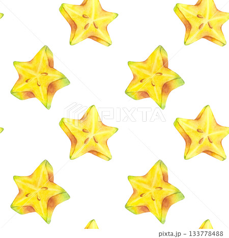 Seamless Pattern with Starfruit slice yellow tropical fruit. Averrhoa carambola or Bilimbi. Botanical exotic star apple. Hand drawn watercolor illustration isolated on white background. For menu 133778488