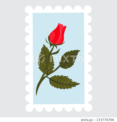 A postage stamp depicting a red rosebud on a stem with leaves.  133778766