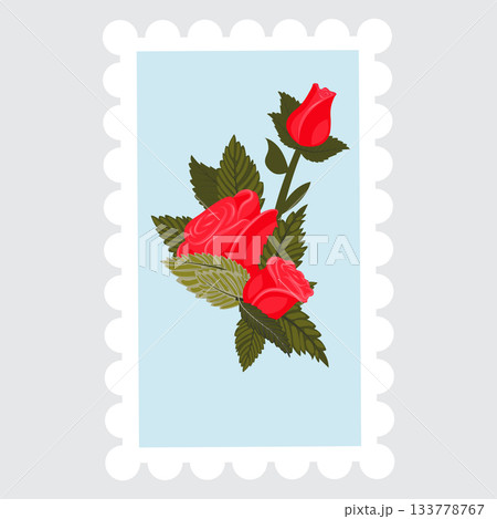 A postage stamp depicting a composition red roses and leaves. A postage stamp depicting a composition red roses and leaves. 133778767