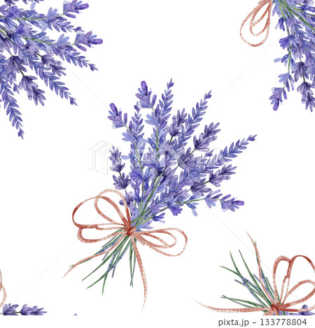 Seamless watercolor pattern with lavender bouquets tied with rustic twine. Charming purple floral bunches featuring a natural rope bow. French country design for farmhouse wallpaper and gift wrap Seamless watercolor pattern with lavender bouquets tied with rustic twine. Charming purple floral bunches featuring a natural rope bow. French country design for farmhouse wallpaper and gift wrap 133778804