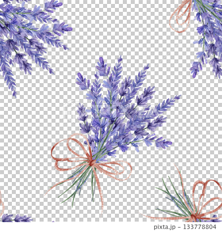 Seamless watercolor pattern with lavender bouquets tied with rustic twine. Charming purple floral bunches featuring a natural rope bow. French country design for farmhouse wallpaper and gift wrap Seamless watercolor pattern with lavender bouquets tied with rustic twine. Charming purple floral bunches featuring a natural rope bow. French country design for farmhouse wallpaper and gift wrap 133778804