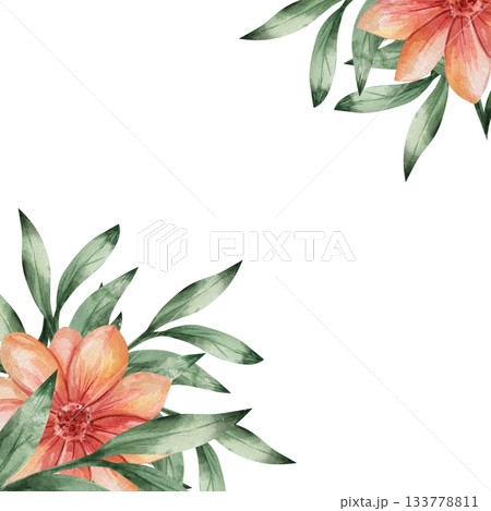 Square invitation template with vibrant orange watercolor flower. Botanical design featuring green twigs and petals with text space. Modern minimalist layout for greeting cards and event announcements 133778811