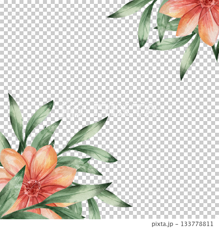 Square invitation template with vibrant orange watercolor flower. Botanical design featuring green twigs and petals with text space. Modern minimalist layout for greeting cards and event announcements 133778811