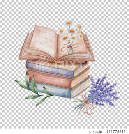 Stack of books with an open book on top. Bouquet of daisies lies on the pages. Watercolor illustration with lavender and green twig isolated on white background. Vintage literary compositions Stack of books with an open book on top. Bouquet of daisies lies on the pages. Watercolor illustration with lavender and green twig isolated on white background. Vintage literary compositions 133778813
