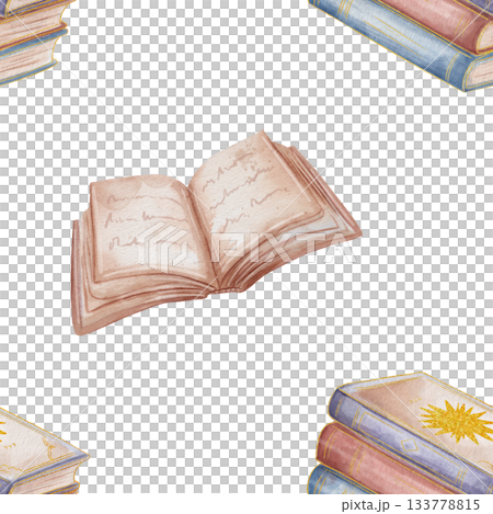 Seamless watercolor pattern with open and closed books. Vintage literary design featuring book decorated with gold sun. Isolated on white background. Elegant illustration for library academic themes Seamless watercolor pattern with open and closed books. Vintage literary design featuring book decorated with gold sun. Isolated on white background. Elegant illustration for library academic themes 133778815