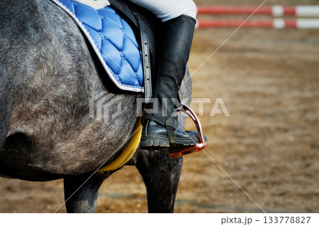 An unrecognizable girl on a horse in a saddle and black leather boots and gauntlets. A jockey on a stallion in white trousers, preparing for a competition An unrecognizable girl on a horse in a saddle and black leather boots and gauntlets. A jockey on a stallion in white trousers, preparing for a competition 133778827