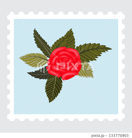 Postage stamp depicting a graceful red rose. 133778903