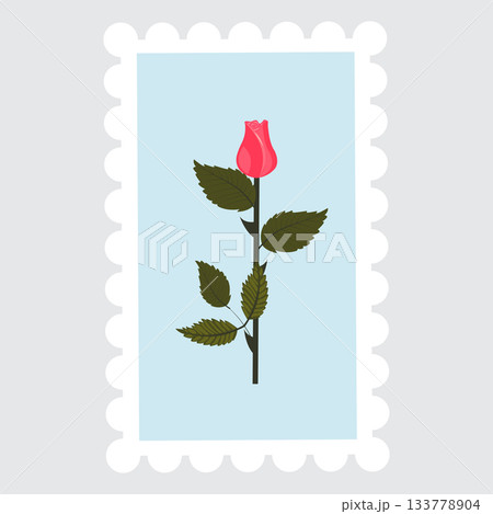 A postage stamp depicting a pink rosebud on a stem. 133778904