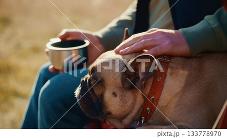 A Tranquil Moment of Bonding Between Human and Dog as a Person Gently Pets Their Beloved French Bulldog While Enjoying a Hot Beverage in a Peaceful Outdoor Setting 133778970